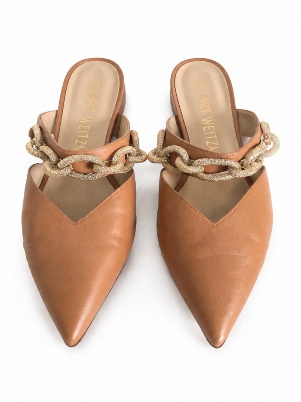 Stuart Weitzman Khole Brown Pointed Toe Crystal Chain Strap Flate Mule
